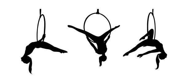 illustrazioni stock, clip art, cartoni animati e icone di tendenza di forte acrobata nel cerchio. set di sagome femminili nell'anello aereo. illustrazione vettoriale - women circus acrobat gymnastics