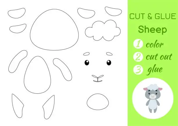 Vector illustration of Color, cut and glue paper little sheep. Cut and paste crafts activity page. Educational game for preschool children. DIY worksheet. Kids logic game, puzzle. Vector stock illustration.