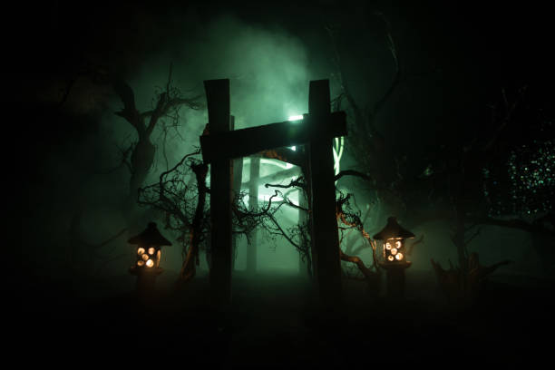 istock Creative artwork decoration. Abstract Japanese style wooden tunnel at night. Selective focus 1326357427