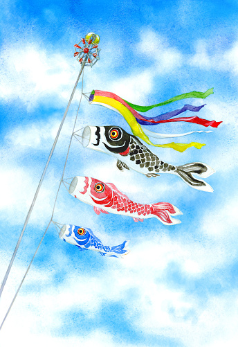 Koinobori, Japanese traditional carp-shaped streamer, swimming in the sky