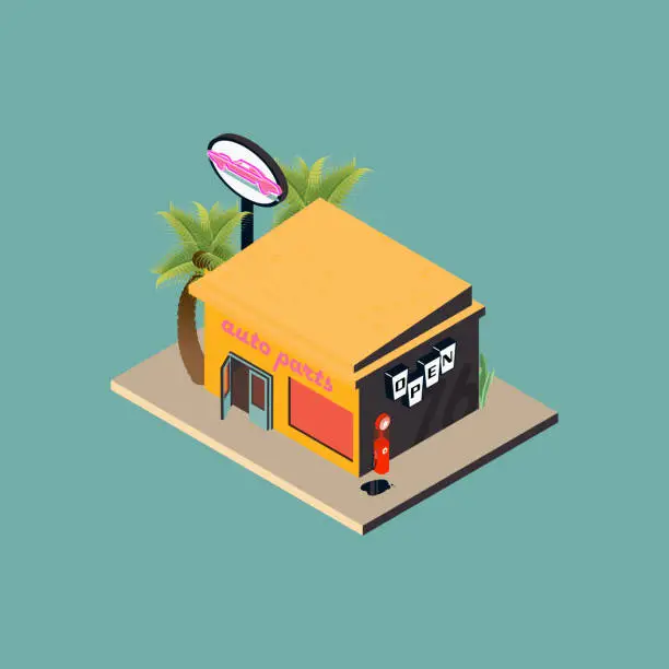 Vector illustration of Isometric Retro Auto Shop with Retro Neon Signage