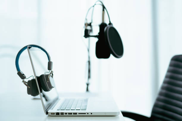 istock Professional condenser microphone and headphones in audio studio. 1326373700