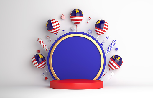 Malaysia independence day decoration display podium background with balloon, firework rocket, confetti, copy space text, 3D rendering illustration