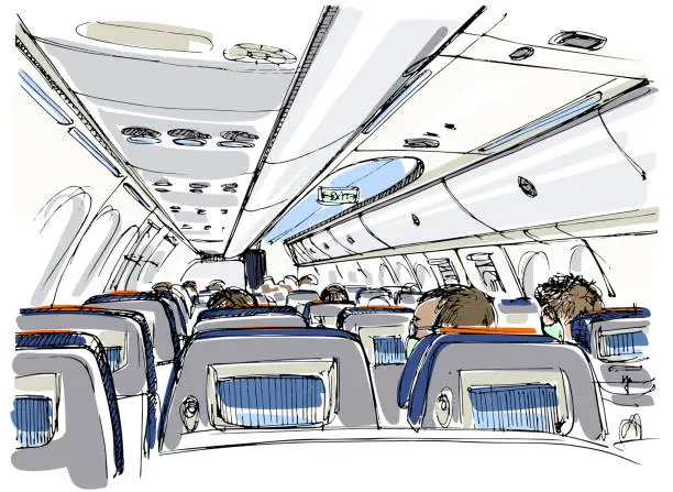 Vector illustration of Aircraft cabin interior - hand drawing sketch