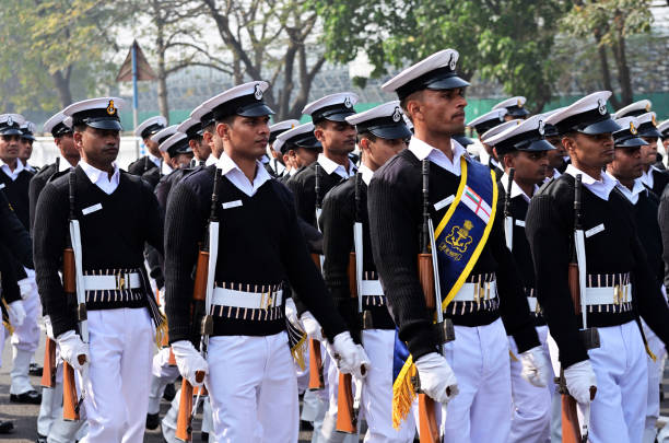 Indian Army marching Calcutta, India - January 24, 2016: Indian army practice their parade during republic day. The ceremony is done by Indian army every year to salute national flag in 26th January. indian navy stock pictures, royalty-free photos & images