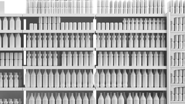 istock A supermarket showcase with shelves arranged in a row in front on an empty background. Shelves with products, a template for mockup, a 3d render. 1326383219