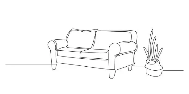 Vector illustration of One Continuous line drawing of Interior with sofa and cactus plant. Modern home furniture for stylish apartment in simple doodle style. Editable stroke Vector illustration