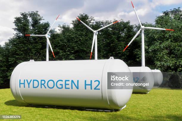 Hydrogen Storage Tanks In Renewable Energy And Wind Turbines In The Forest Stock Photo - Download Image Now