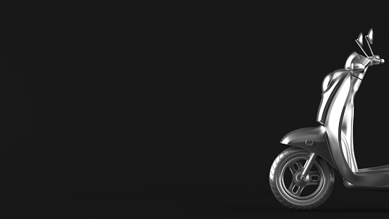 Isolated automatic scooter for a template, 3d render. A scooter made of metal on a black background, with an empty space for the banner layout.