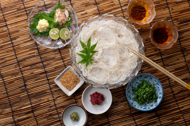 Japanese summer food somen noodles Photographed somen, a typical Japanese summer meal, in the studio shiso photos stock pictures, royalty-free photos & images