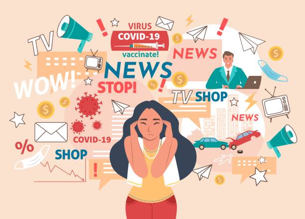 News noise. Coronavirus cases, vaccination, traffic accidents. Woman having headache, vector illustration. Woman having headache from tv and online news, breaking stories, flat vector illustration. Girl can not stand too much information. Coronavirus cases, vaccination, traffic accidents. News noise. woman pushing tire stock illustrations