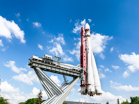 Windsor, United Kingdom – April 06, 2018: A Lego space shuttle on the launch pad at Legoland Windsor.