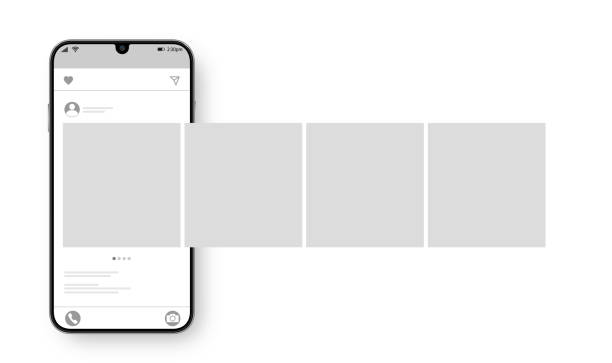 ソーシャルネットワーク上のカルーセルインターフェイスポスト付きスマートフォン。ソーシャルメディアのデザインコンセプト。ベクターの図。 - テンプレート点のイラスト素材／クリップアート素材／マンガ素材／アイコン素材