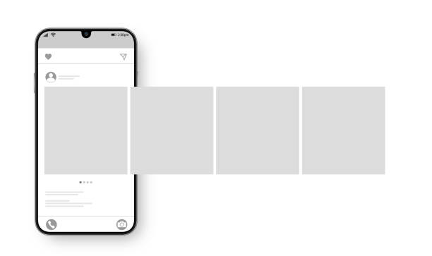 Smartphone with carousel interface post on social network. Social media design concept. Vector illustration.