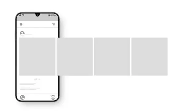 Vector illustration of Smartphone with carousel interface post on social network. Social media design concept. Vector illustration.
