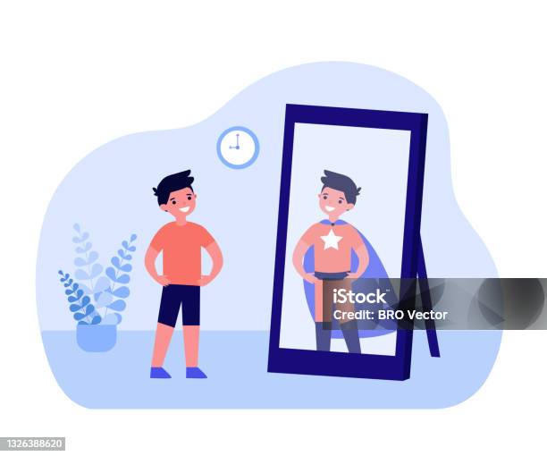 Smiling Boy Looking In Mirror And Seeing Superhero Stock Illustration -  Download Image Now - Mirror - Object, Superhero, Celebrities - iStock