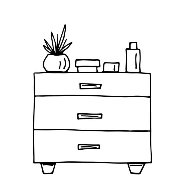 Simple hand-drawn vector drawing in black outline. Living room furniture, chest of drawers. Indoor plant, jars of cream. Home decor, design. Simple hand-drawn vector drawing in black outline. Living room furniture, chest of drawers. Indoor plant, jars of cream. Home decor, design. bedroom drawings stock illustrations