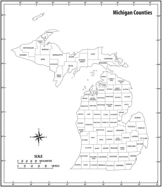 michigan state outline administracyjnej i politycznej mapy wektora w czerni i bieli - michigan stock illustrations