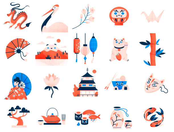illustrazioni stock, clip art, cartoni animati e icone di tendenza di collezione di simboli della cultura giapponese. segni tradizionali asiatici e punti di riferimento isolati. - kabuki