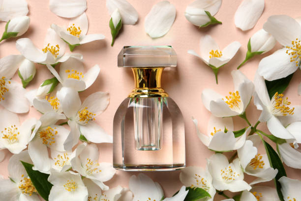 flasche luxus-parfüm und frische jasmin-blumen auf beige hintergrund, flach liegen - duftend stock-fotos und bilder