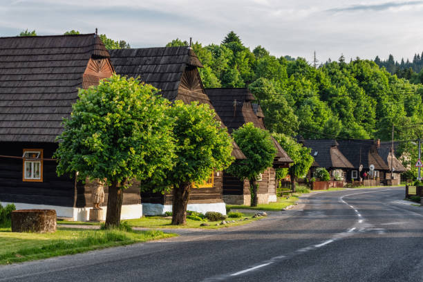 Wooden rural cottages in village Podbiel, Slovakia stock photo