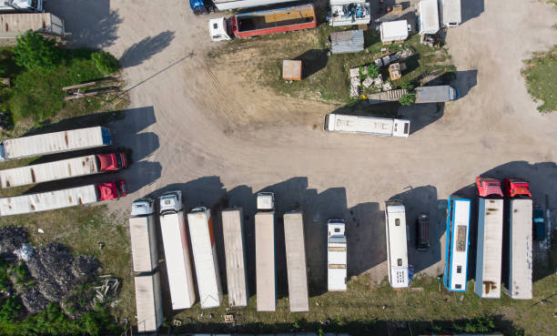 istock Aerial. Truck parking. Top view from drone. 1326393720