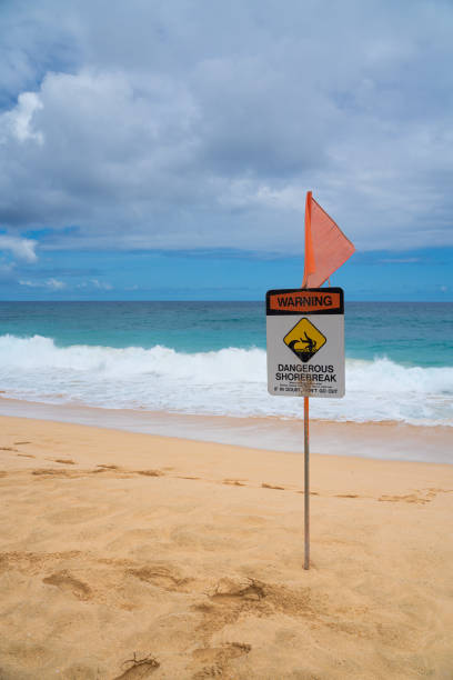 istock Warning flag for dangerous currents at Sandy Beach in Hawaii 1326396435