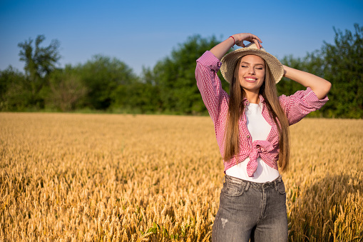 Beautiful long hair young girl standing at the wheat field at sunset