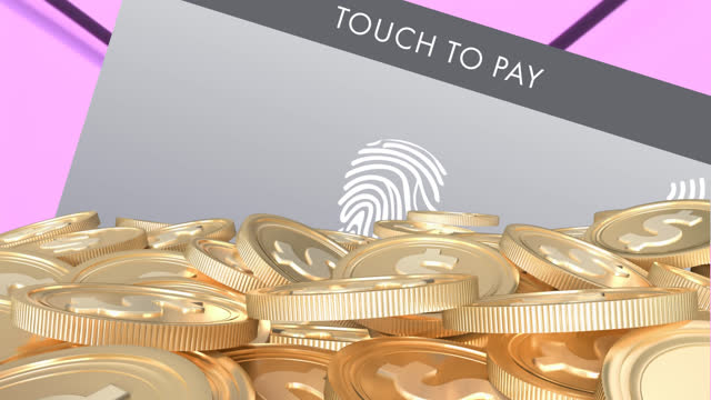 Animation of biometric pay icon with gold american dollar coins