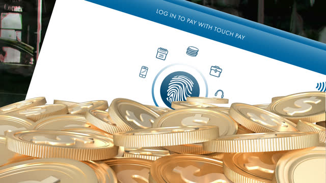 Animation of biometric pay icons with gold american dollar coins