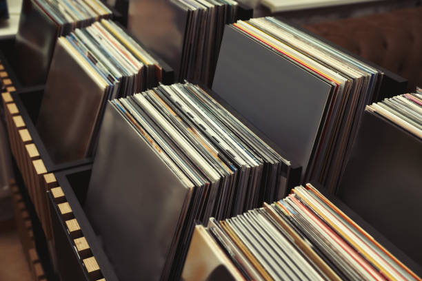 istock Rack with different vinyl records in store 1326399792
