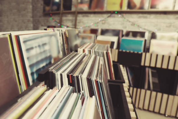 istock Rack with different vinyl records in store 1326400510