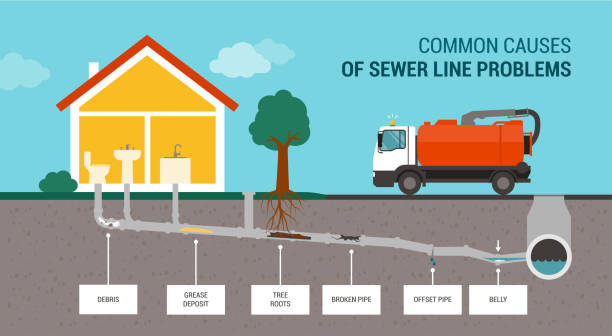 Common causes of sewer line problems Common causes of sewer line problems infographic and sewer truck clogged stock illustrations