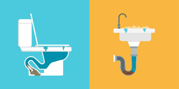 stockillustraties, clipart, cartoons en iconen met clogged toilet and sink: drain problems - gootsteen