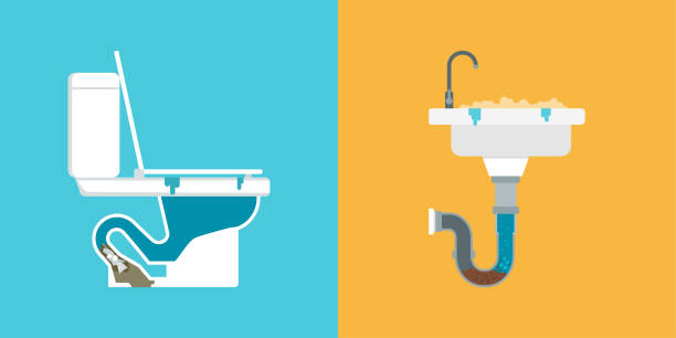 Clogged toilet and sink: drain problems Clogged toilet and sink with clog obstructing the pipe: drain problems concept occlusion stock illustrations