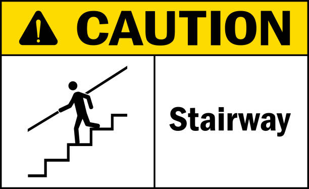 ilustraciones, imágenes clip art, dibujos animados e iconos de stock de señal de escalera de precaución. - escalator steps staircase following