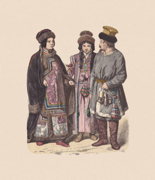 xix wiek, stroje azjatyckie (rosja), ręcznie barwione grawerowanie drewna, opublikowano c.1880 - russian culture obrazy stock illustrations