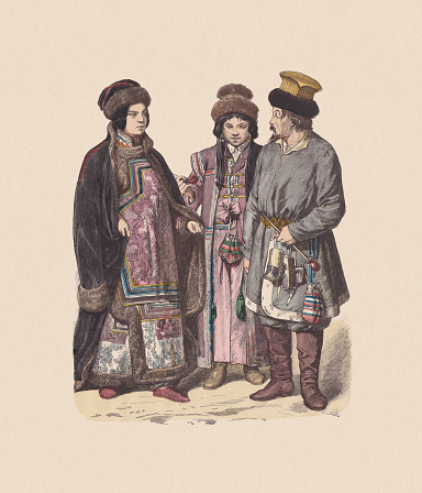 19th century, Asian costumes (Russia): Siberian tatar woman (left). Kalmyks  (right). Hand colored wood engraving, published ca. 1880.
