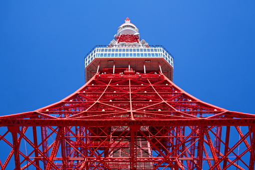 The Tokyo Tower,Red Steel Structure. is a communications and observation tower in the Shiba-koen district of Minato, Tokyo, Japan. 28th February. 2021.