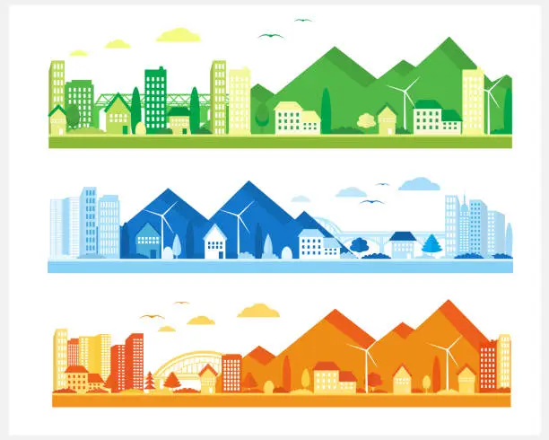 Vector illustration of Urban landscape with mountains in different colors. Suburban houses and skyscrapers. City view.