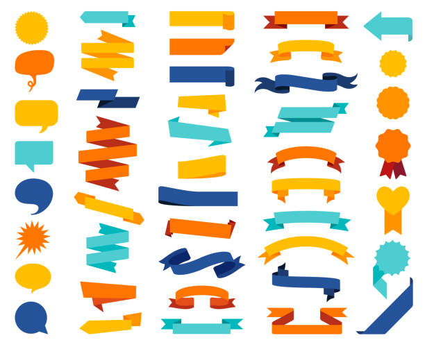 다채로운 리본 세트, 배너, 배지, 라벨 - 흰색 배경의 디자인 요소 - 곡선 일러스트 stock illustrations