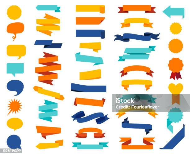 Set Of Colorful Ribbons Banners Badges Labels Design Elements On White Background Stock Illustration - Download Image Now