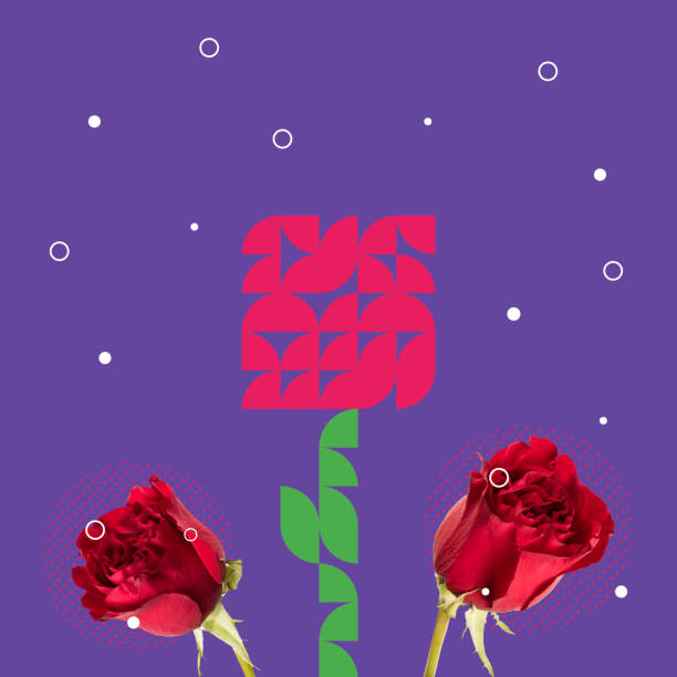 Composition with flowers and rose on abstract color background. Modern design, contemporary creative art collage. Inspiration, idea, trendy urban magazine style. Copyspace for text or ad.