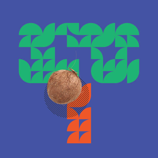 Summertime. Coconut against trendy geometrical color background. Negative space to insert your text. Modern design