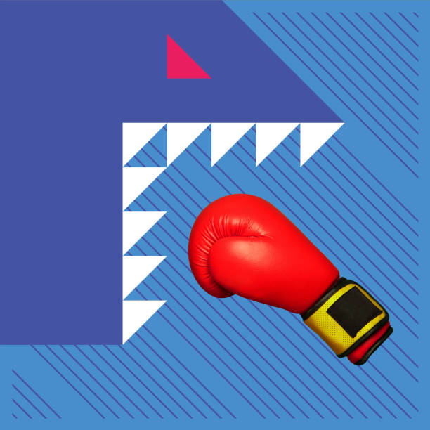 istock Light hit punch. Big red boxing glove as a balloon against blue background. Negative space. Modern design. Contemporary art collage. 1326414457