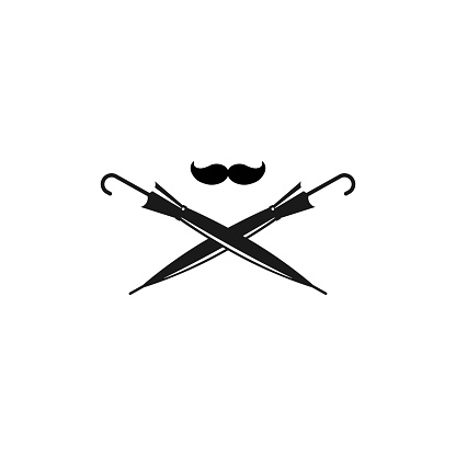 Crossed cane umbrellas with mustache. Vintage gentleman club logo. Flat icon isolated on white.