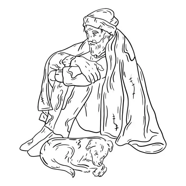 Vector illustration of A homeless man sitting with the dog under the blanket