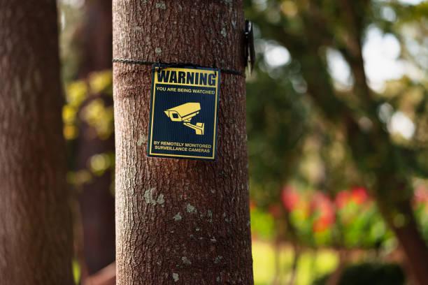 Security camera sign on a tree trunk Surveillance Cameras in Use sign on the side of a tree trunk. surveillance camera sign stock pictures, royalty-free photos & images