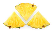 Pineapple slices isolate. Cut pineapples on white. Fresh pineapple set top viw. Full depth of field.