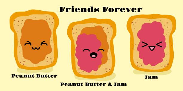 Jelly and peanut butter toast vector illustration in cute doodle style with antropomorphic faces. Peanut butter and Jelly jam on a toast vector illustration. Funny hand drawn cartoon cute characters. National Best Friends Day card . Smiling kawaii face. par stock illustrations